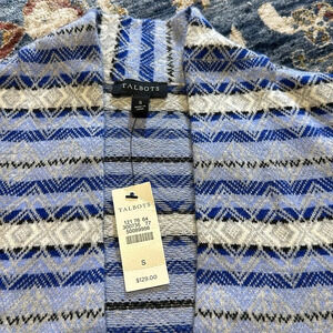 NWT TALBOTS WOMEN CARDIGAN SWEATER TOP BLUE SILVER WHITE SMALL LONG SLEEVE